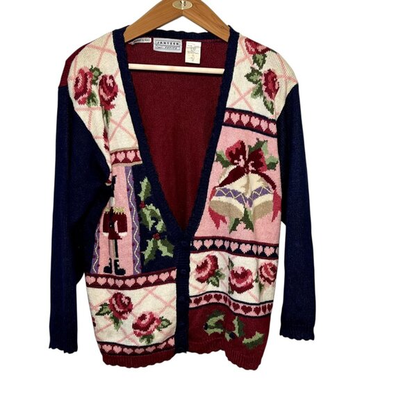Embroidered by Hand Vintage Christmas Cardigan Grandma Pink Oversized Large - Picture 3 of 13